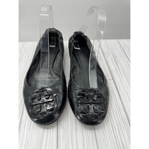 Tory Burch Reva Tumbled Black Leather Ballet Flats‎ Women’s Size 10 Classic Logo